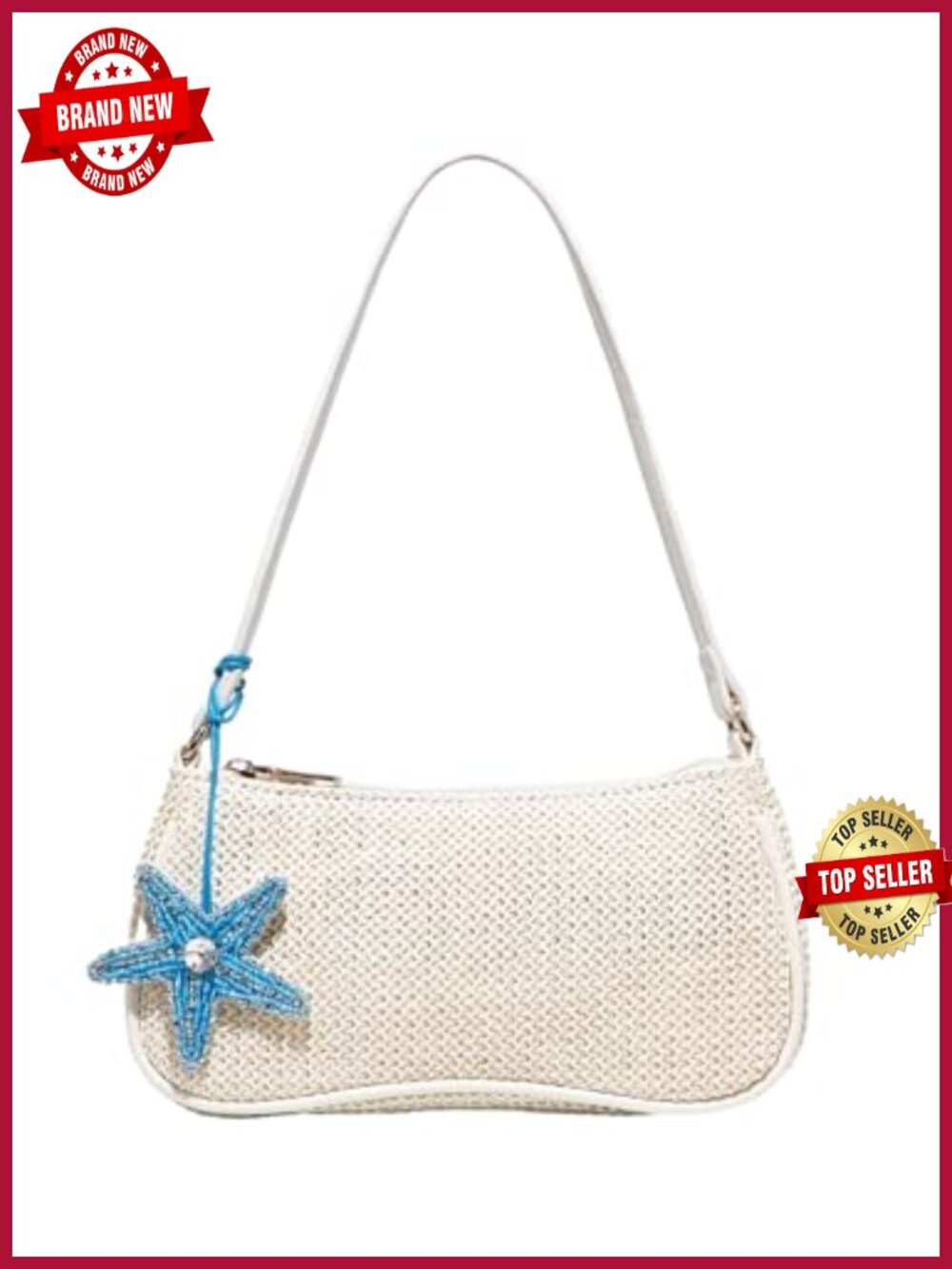 Boho Straw Shoulder Bag with Seashell Decor, Zipper Closure, Single Strap, Mini
